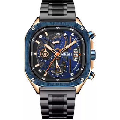 MEGIR Men's SQUARE-X Chronograph Rose Gold / Blue Watch