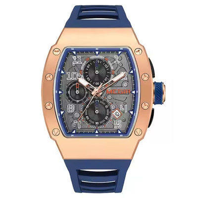 MEGIR Men's GP Racing Chronograph Date 43mm Silicone Strap Watch Rose Gold / Blue