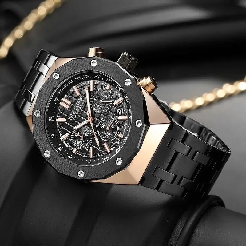 MEGIR Men's Royale Chronograph Rose Gold / Ionic Black / Stainless Steel Bracelet Watch