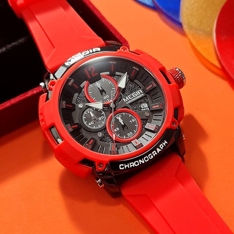 MEGIR Men's Military Sport Chronograph Red Watch