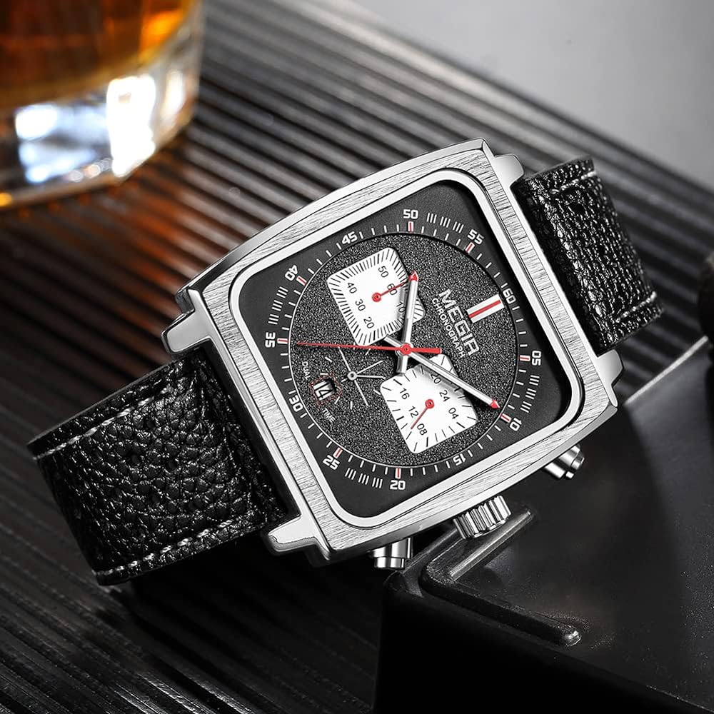 MEGIR Men's Gulf Monaco Homage Chronograph Silver / Black Leather Watch