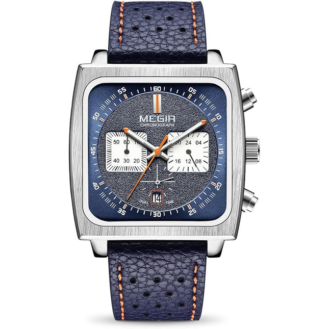 MEGIR Men's Gulf Monaco Homage Chronograph Silver / Blue Leather Watch