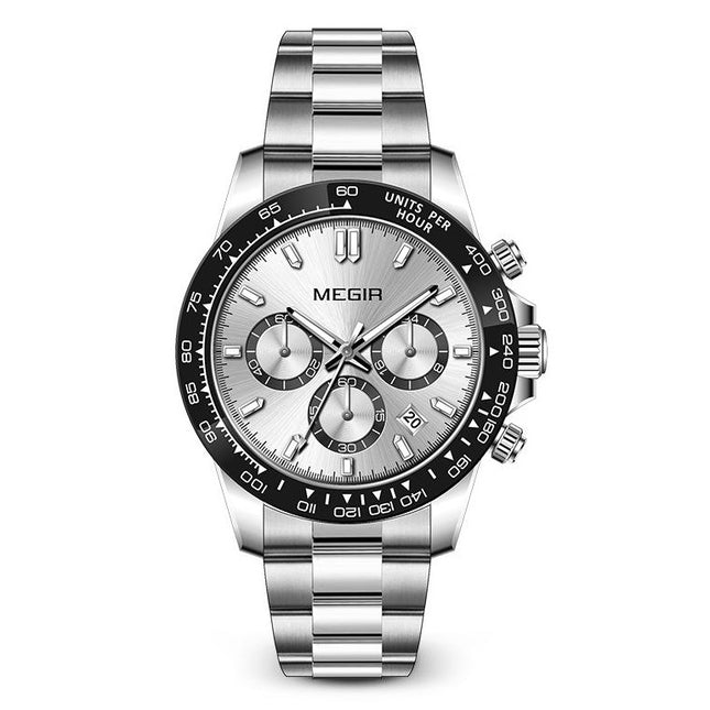 MEGIR Men's Speedster Chronograph Date 43mm Stainless Steel Silver Oyster Bracelet Watch