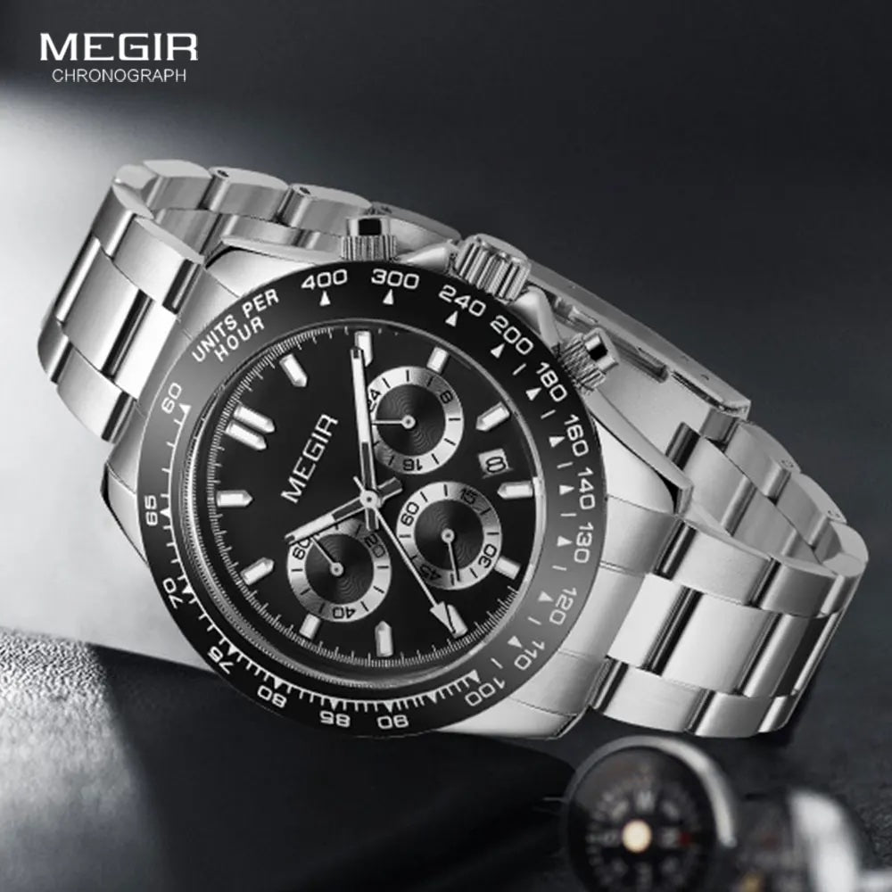 MEGIR Men's Speedster Chronograph Date 43mm Stainless Steel Silver / Black Oyster Bracelet Watch