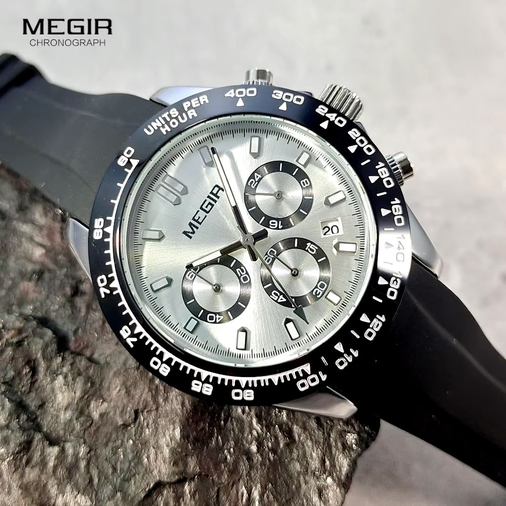 MEGIR Men's Speedster Chronograph Date 43mm Silicone Watch Silver / Silver