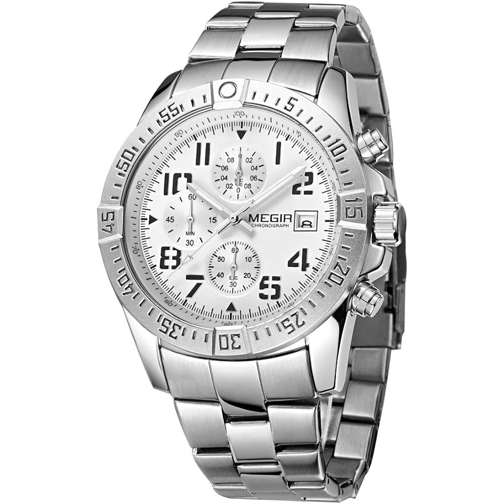 MEGIR Men's Avenger Chronograph Date 45mm Stainless Steel Bracelet Watch Silver