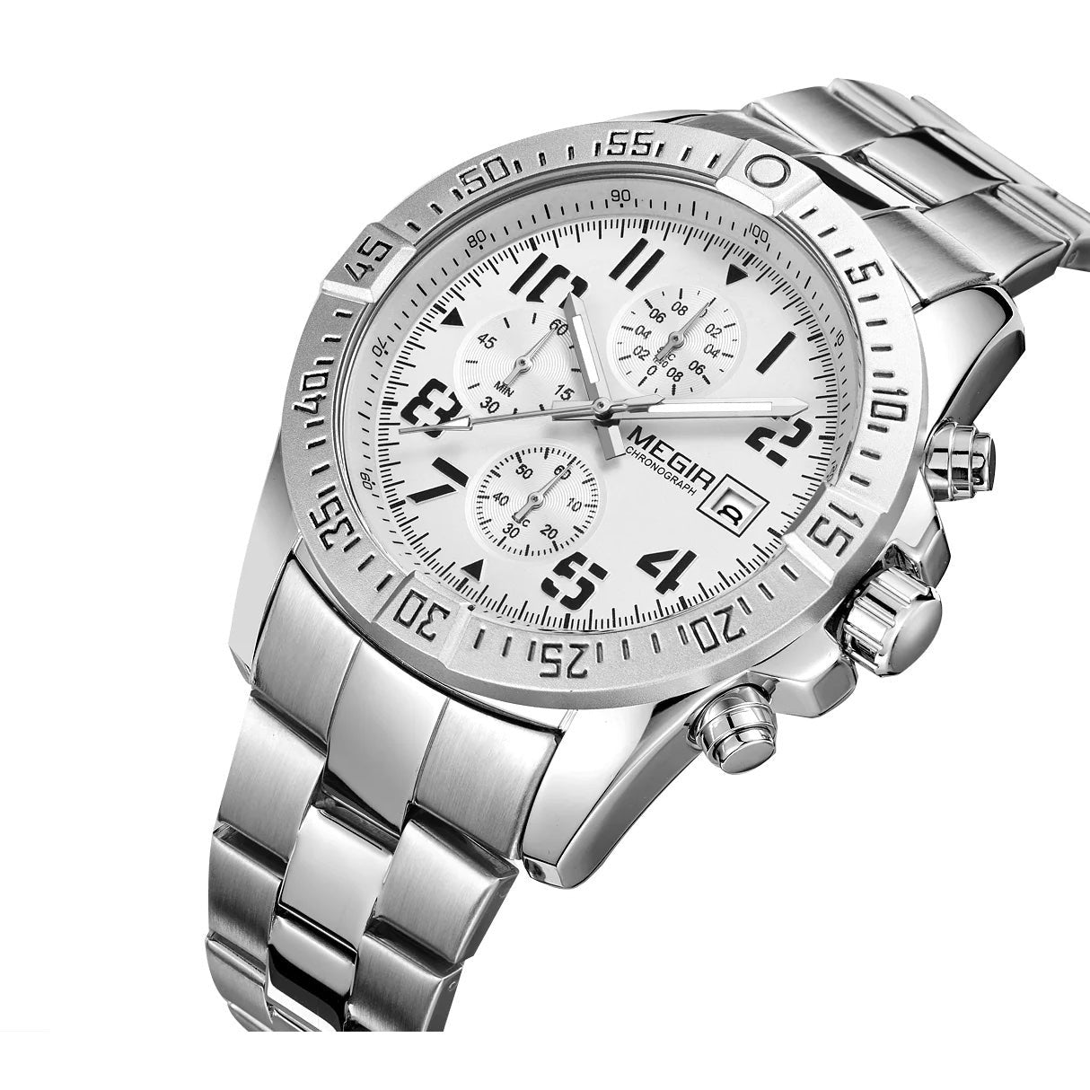 MEGIR Men's Avenger Chronograph Date 45mm Stainless Steel Bracelet Watch Silver