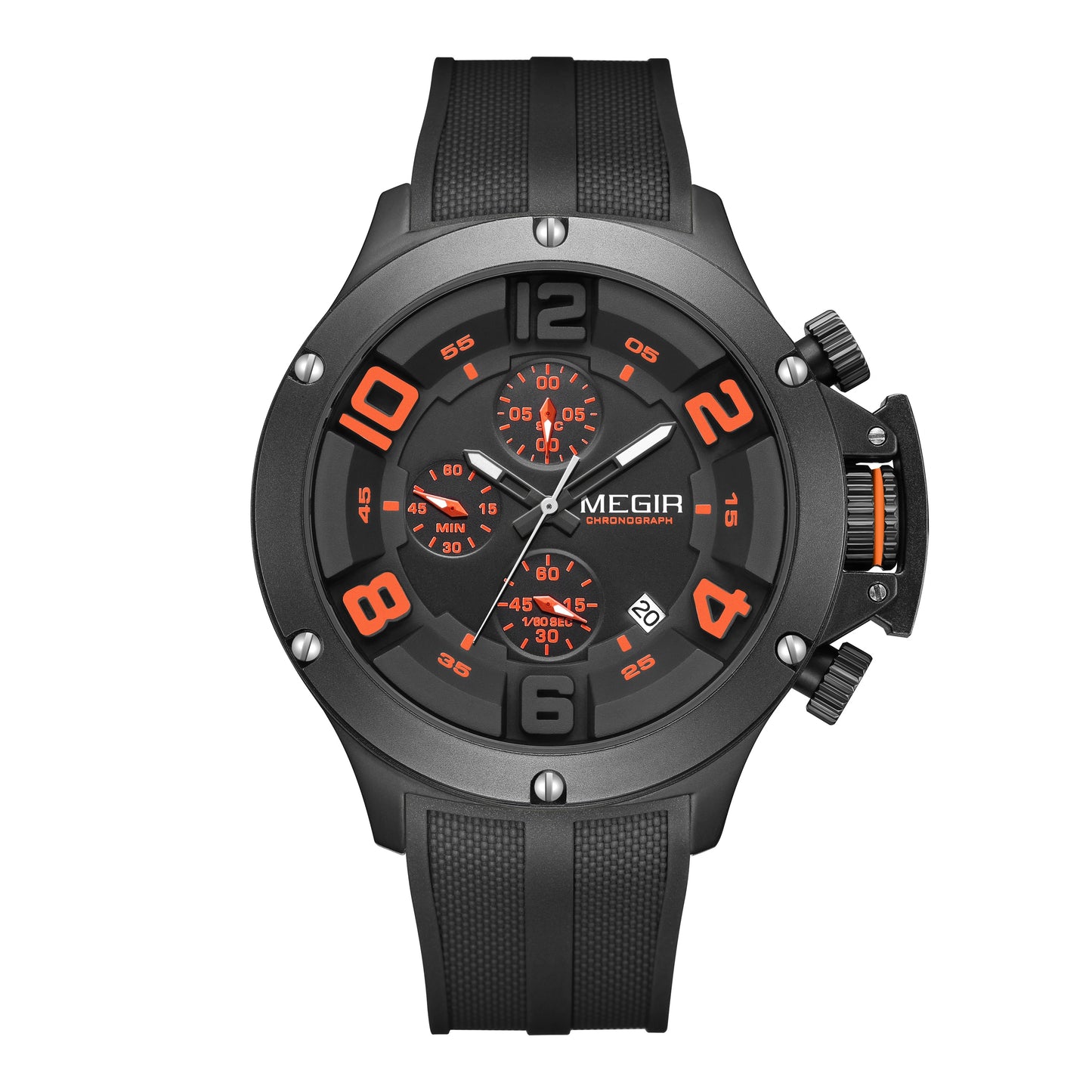 MEGIR Men's Submarine II Chronograph Date 47mm Silicone Strap Watch Black/Orange