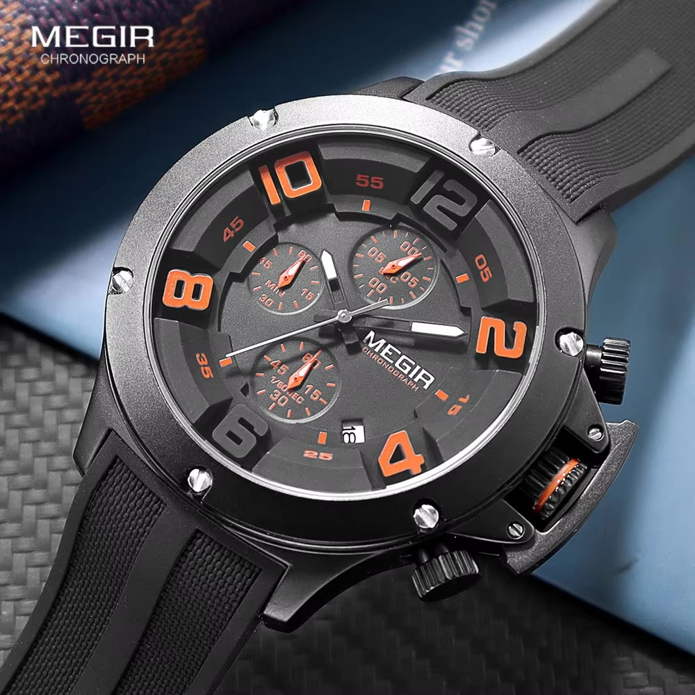 MEGIR Men's Submarine II Chronograph Date 47mm Silicone Strap Watch Black/Orange