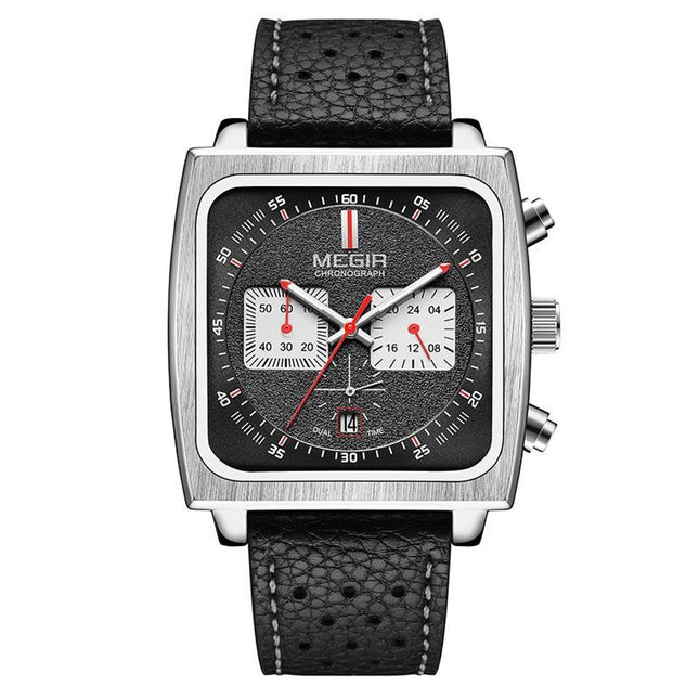 MEGIR Men's Gulf Monaco Homage Chronograph Silver / Black Leather Watch