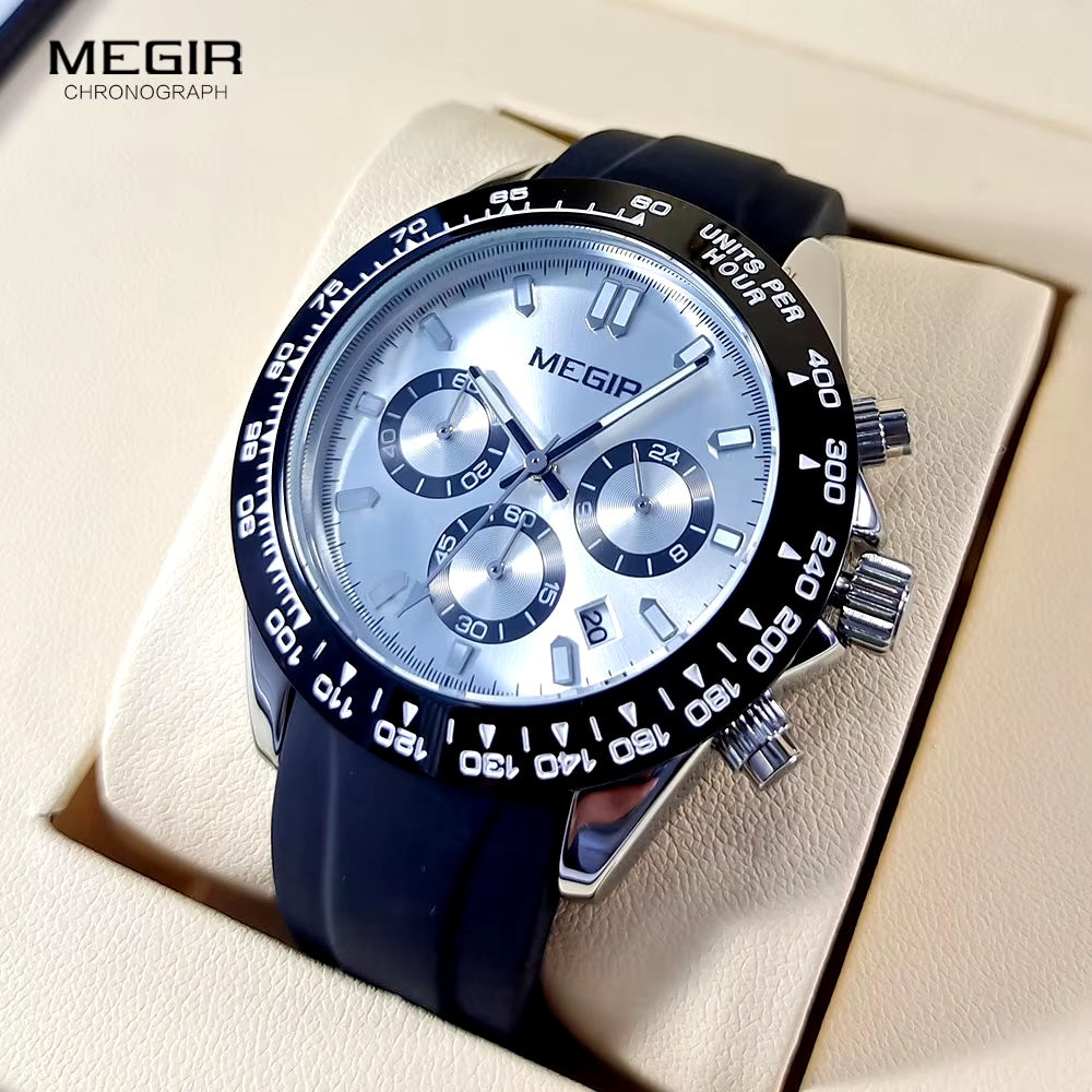 MEGIR Men's Speedster Chronograph Date 43mm Silicone Watch Silver / Silver