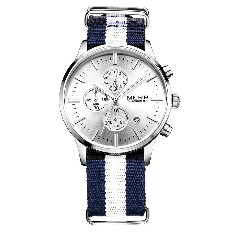 MEGIR Men's Nautical Series Chronograph Date 45mm Nylon Strap Watch Silver / Blue White