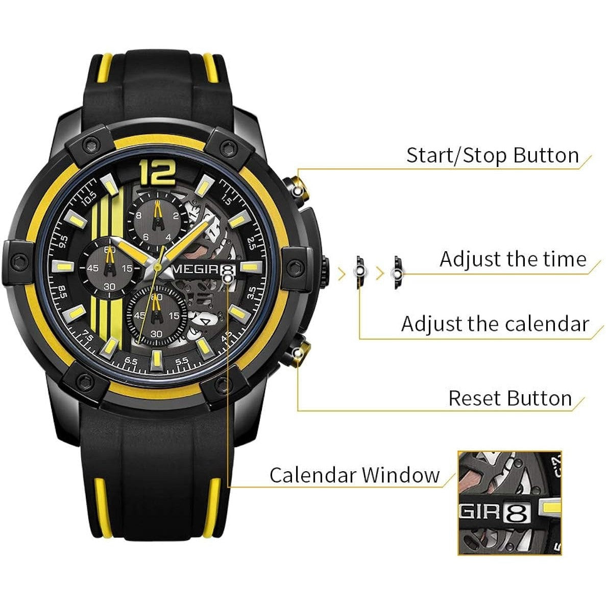 MEGIR Men's Moto Racer Chronograph Date 45mm Black / Yellow Silicone Strap Watch