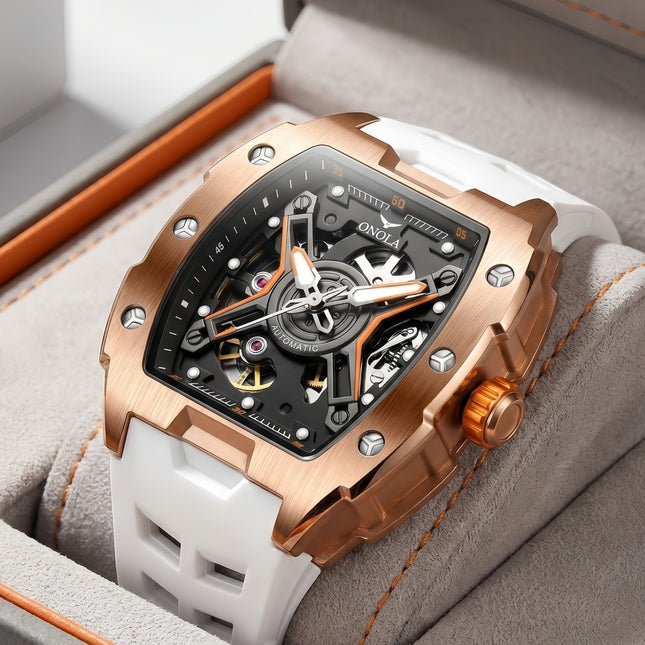 R1.00 Auction**ONOLA X-Factor Automatic Skeleton Watch Rose/White