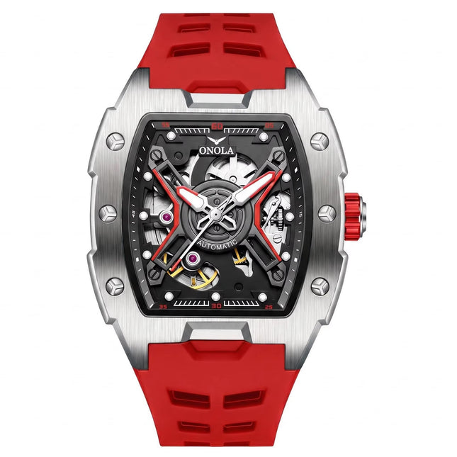 R1.00 Auction**ONOLA X-Factor Automatic Skeleton Watch Silver/Red