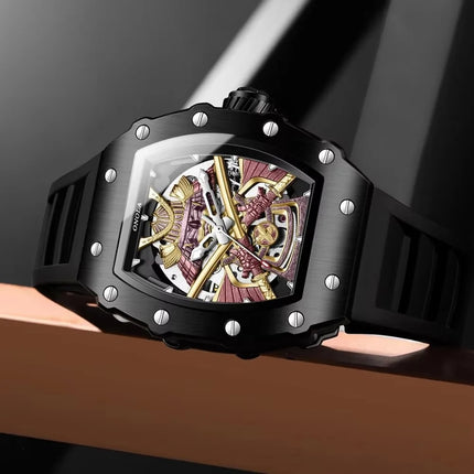 R1.00 Auction**ONOLA Samurai Automatic Skeleton Watch Black/Rose