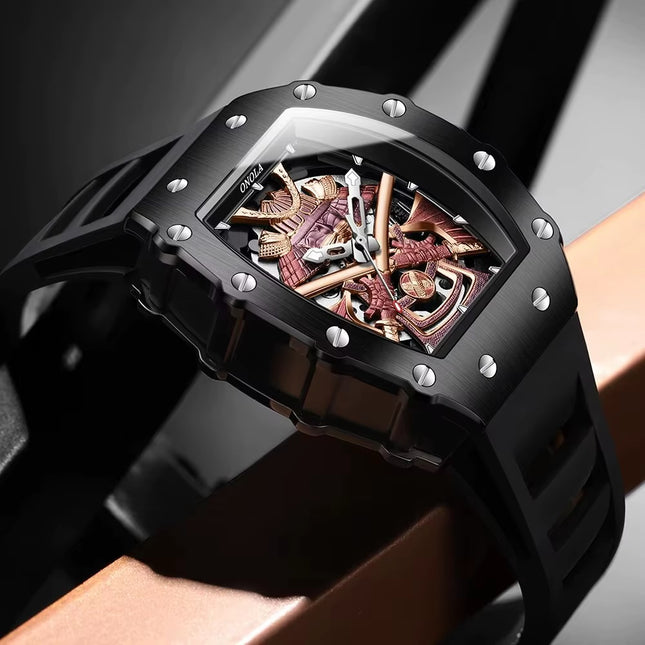 R1.00 Auction**ONOLA Samurai Automatic Skeleton Watch Black/Rose