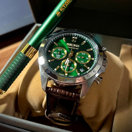 SEIKO Men's Chronograph 40mm Classic Green Dial Leather Watch