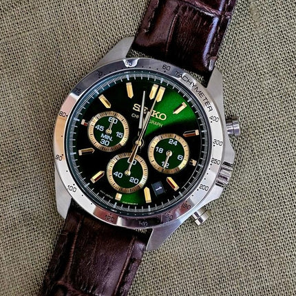 SEIKO Men's Chronograph 40mm Classic Green Dial Leather Watch