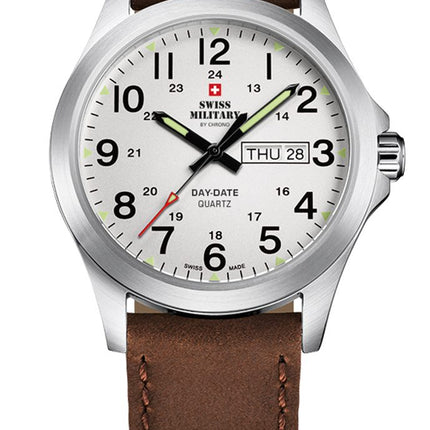**Auction Exclusive**Swiss Military Day-Date Leather Strap Watch Brown/White