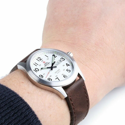 **Auction Exclusive**Swiss Military Day-Date Leather Strap Watch Brown/White