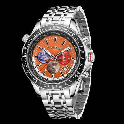 **R1.00AUCTION**Swan & Edgar London World Timer Mechanical Quartz Hybrid- Steel Orange