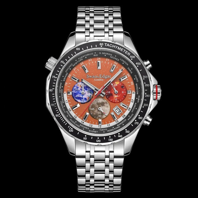 Swan & Edgar London World Timer Mechanical Quartz Hybrid- Steel Orange