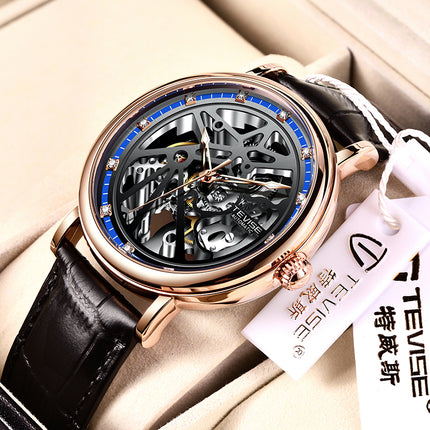 TEVISE Amistad II Wheel Automatic Leather Rose Gold/Black Watch