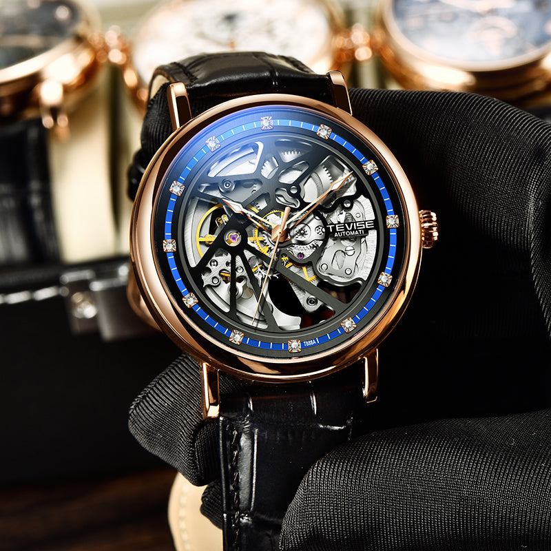 TEVISE Amistad II Wheel Automatic Leather Rose Gold/Black Watch