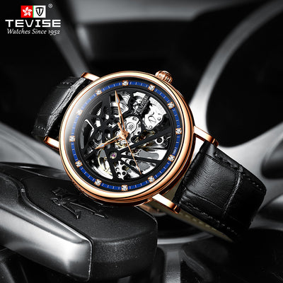 TEVISE Amistad II Wheel Automatic Leather Rose Gold/Black Watch