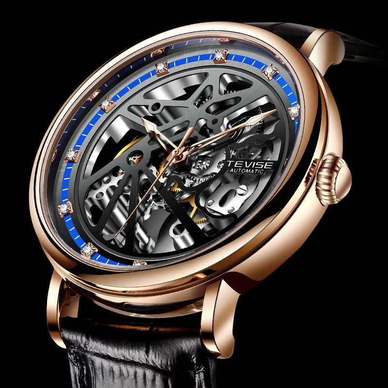 TEVISE Amistad II Wheel Automatic Leather Rose Gold/Black Watch