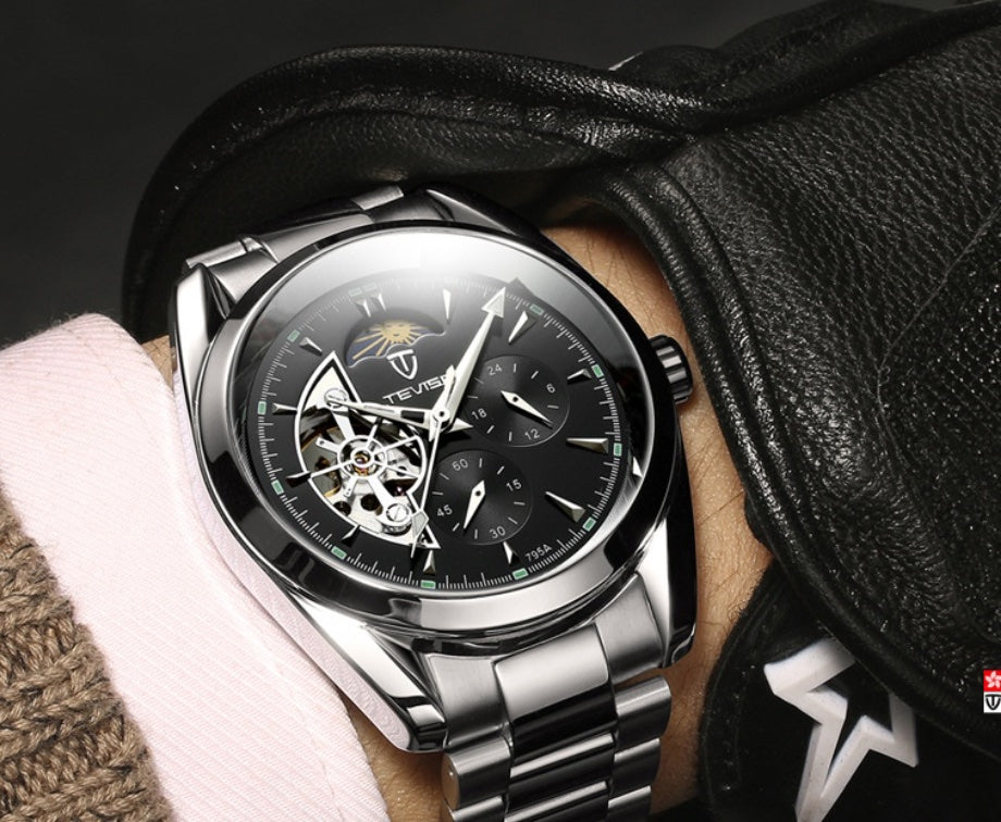 TEVISE Classic Automatic Partial Skeleton Moonphase Black Watch