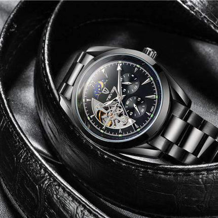 TEVISE Classic Automatic Partial Skeleton Moonphase Black Watch