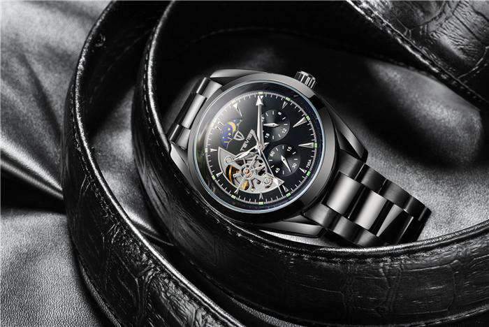 TEVISE Classic Automatic Partial Skeleton Moonphase Black Watch