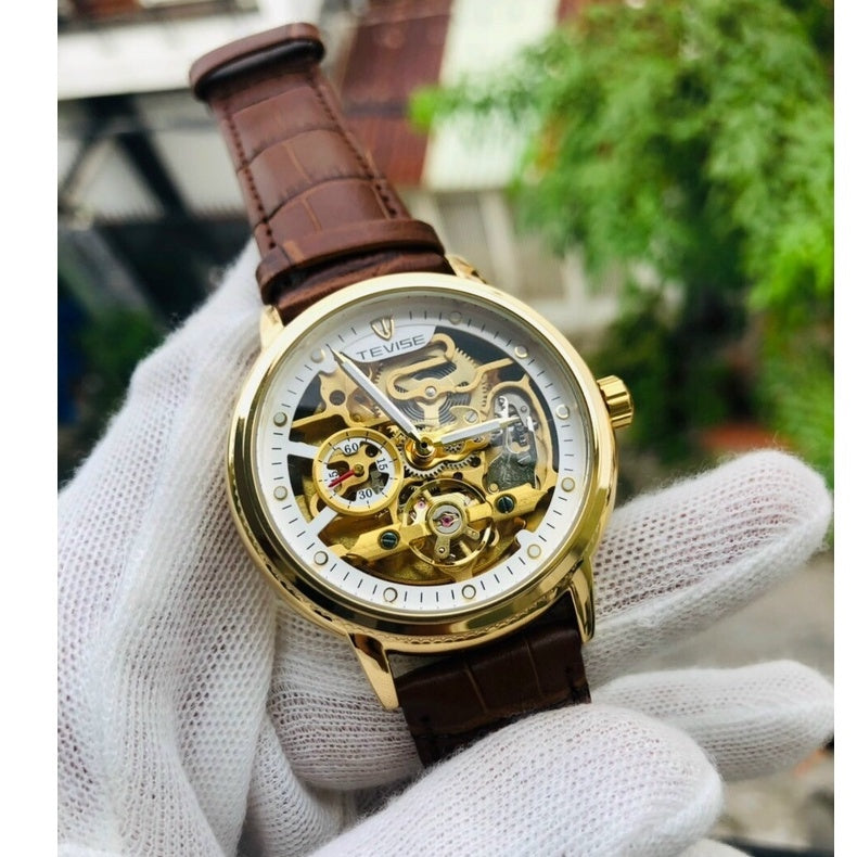 TEVISE Namura Skeleton Automatic Gold/Brown/White Watch