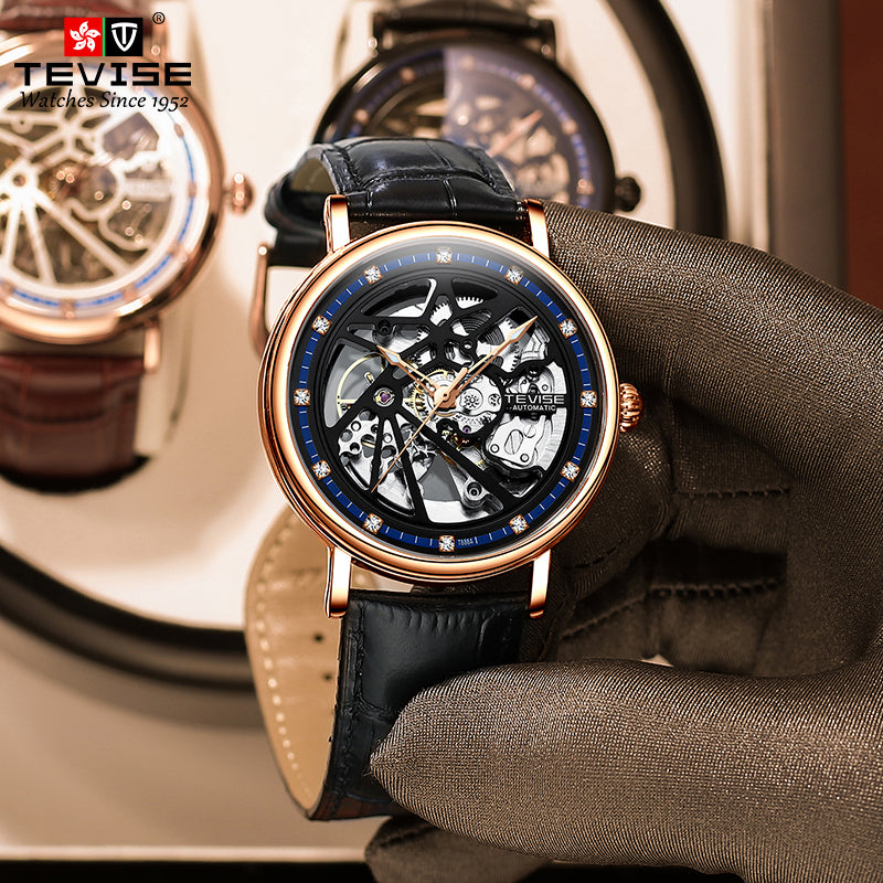 TEVISE Amistad II Wheel Automatic Leather Rose Gold/Black Watch