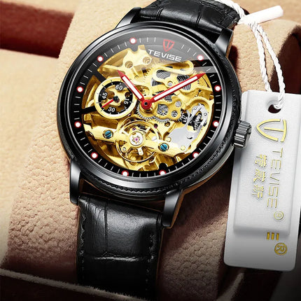 TEVISE Namura Skeleton Automatic Black/Gold Red Arm Watch