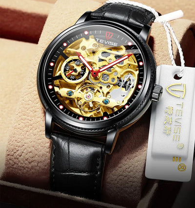 TEVISE Namura Skeleton Automatic Black/Gold Red Arm Watch