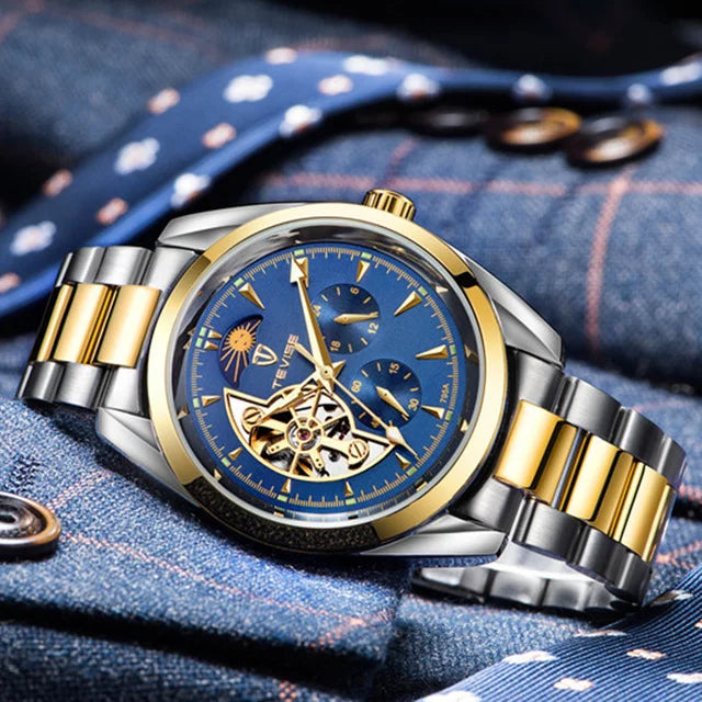 TEVISE Classic Automatic Partial Skeleton Moonphase Two Tone Blue