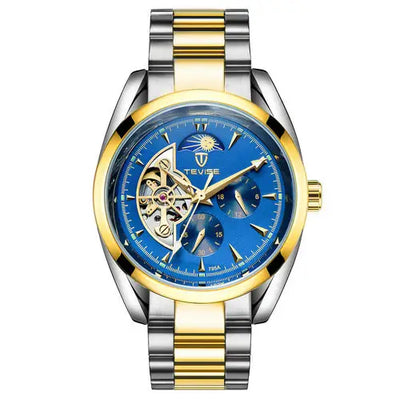 TEVISE Classic Automatic Partial Skeleton Moonphase Two Tone/Blue Watch