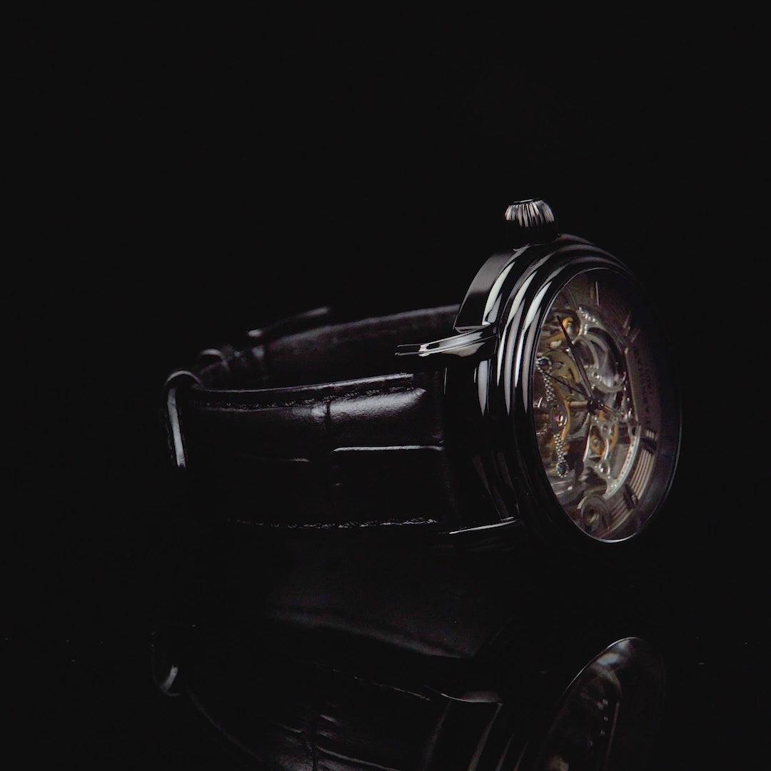 Thomas earnshaw black discount leather skeleton analogue watch