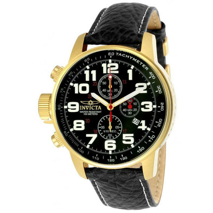INVICTA Men's Russian Aviator Lefty 46mm Leather 23k Gold Plated Watch Black