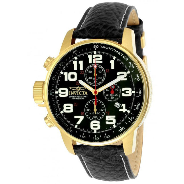 INVICTA Men's Russian Aviator Lefty 46mm Leather 23k Gold Plated Watch Black