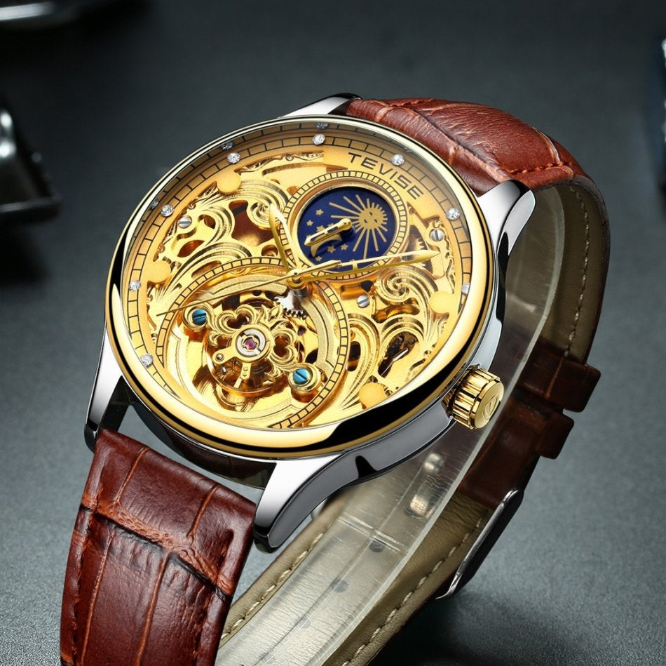 TEVISE Pirogue II Leather Automatic Moonphase Silver/Gold/Gold Trim Watch