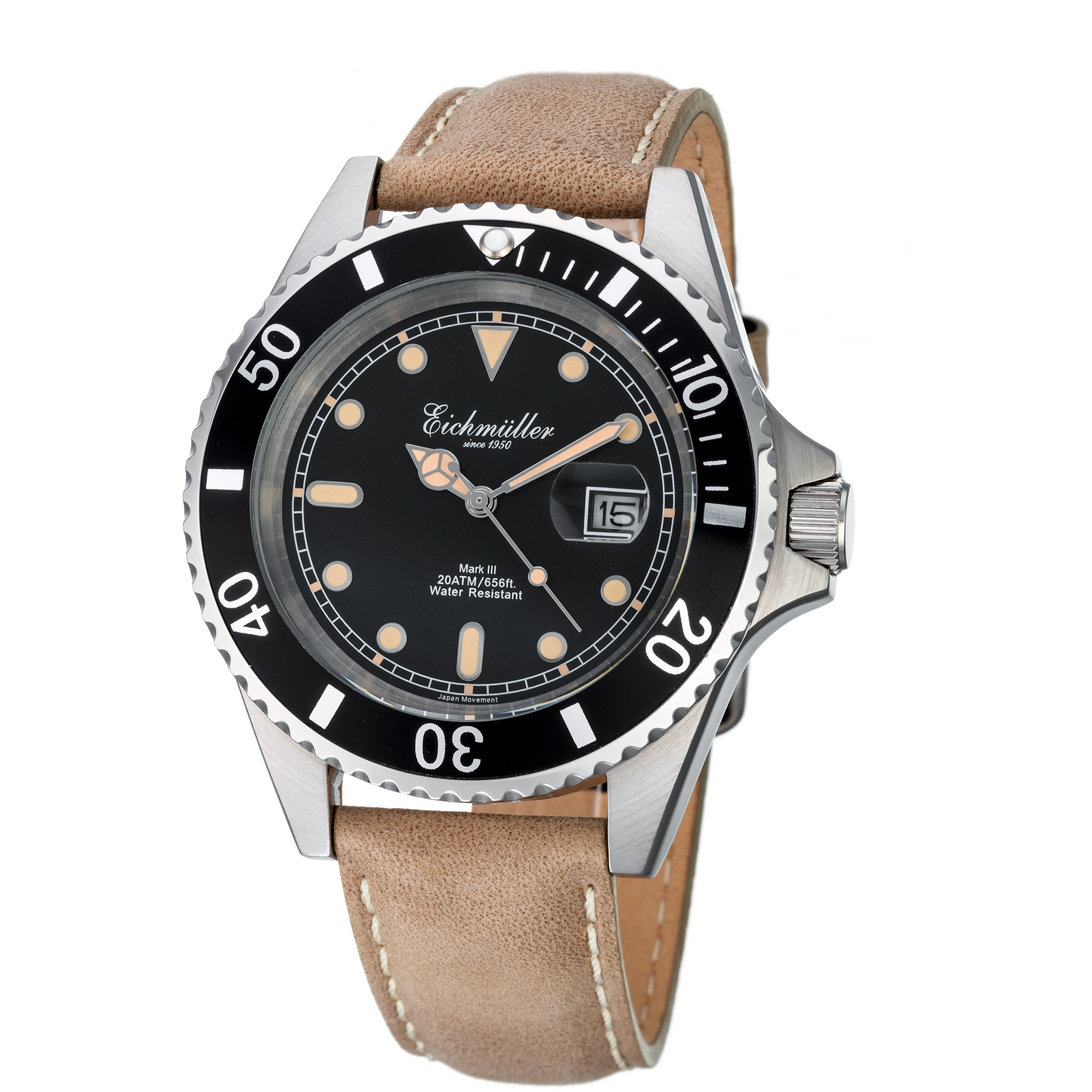 EICHMULLER since 1950 Mark III Diver Leather 20ATM Silver/Tan/Black Watch