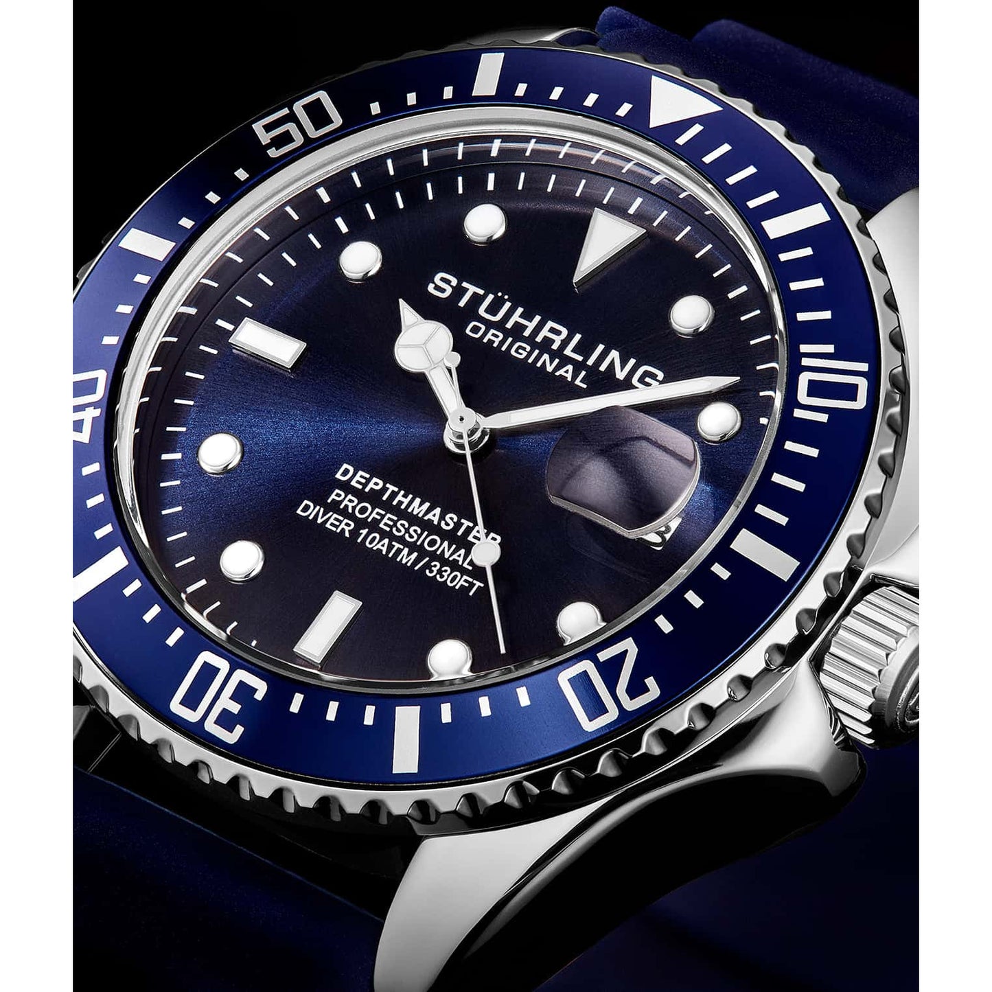 STUHRLING ORIGINAL 3950 Aquadiver Quartz 42mm Depth Master Silicone Watch Navy Blue