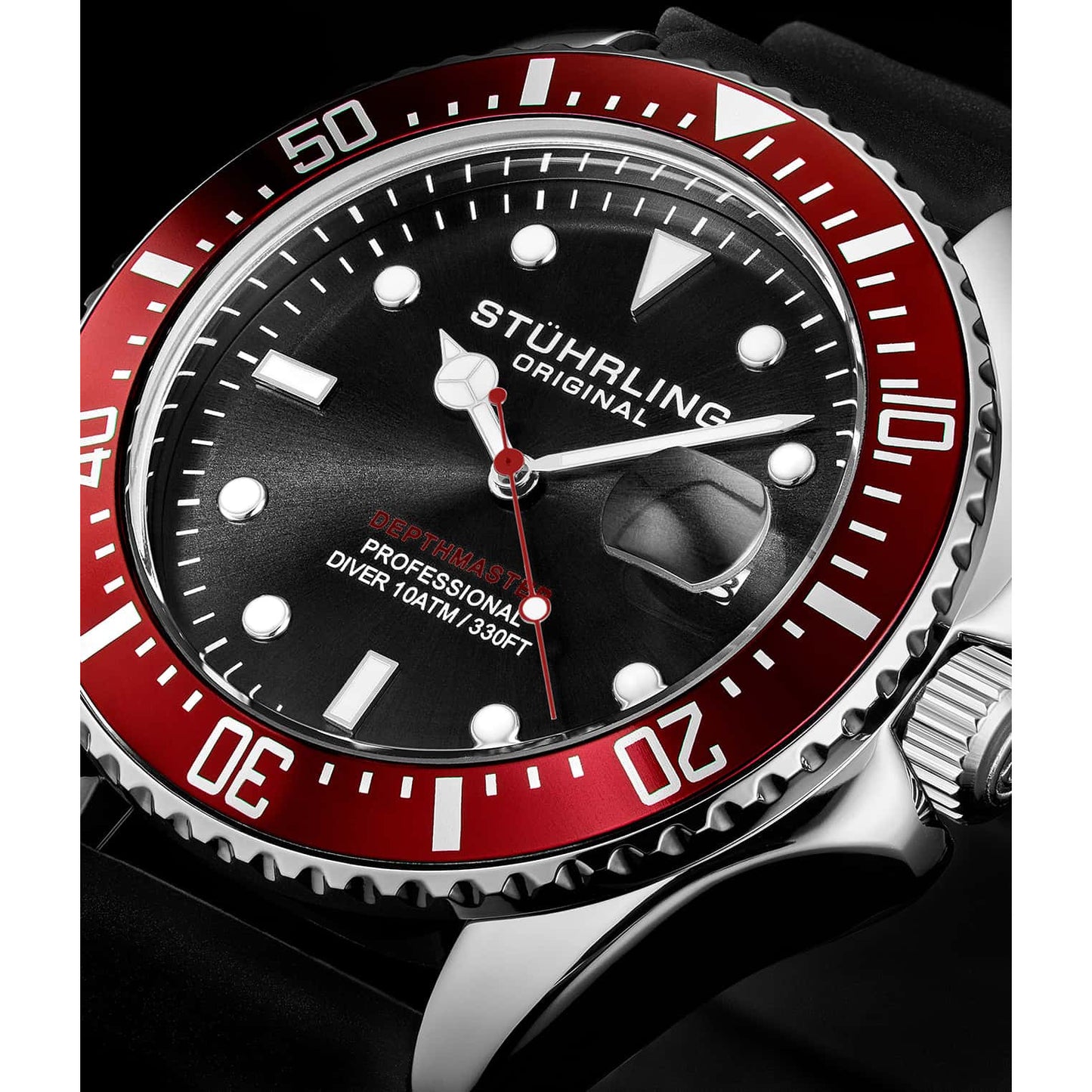 STUHRLING ORIGINAL 3950 Aquadiver Quartz 42mm Depth Master Silicone Watch Black/Red