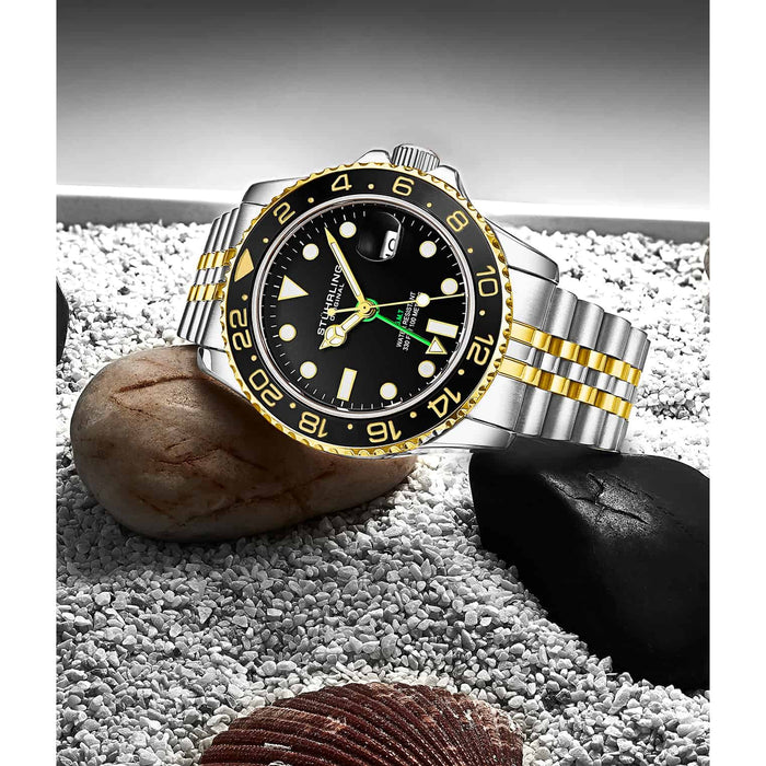 STUHRLING ORIGINAL Meridian GMT Diver 44mm 100m Two Tone Jubilee Watch