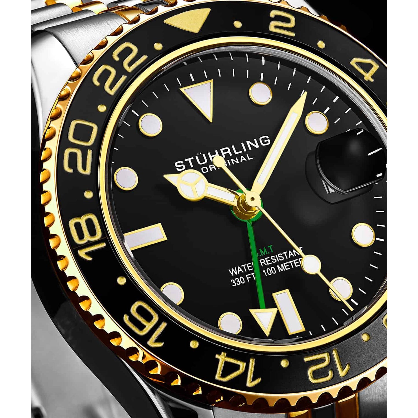 STUHRLING ORIGINAL Meridian GMT Diver 44mm 100m Two Tone Jubilee Watch