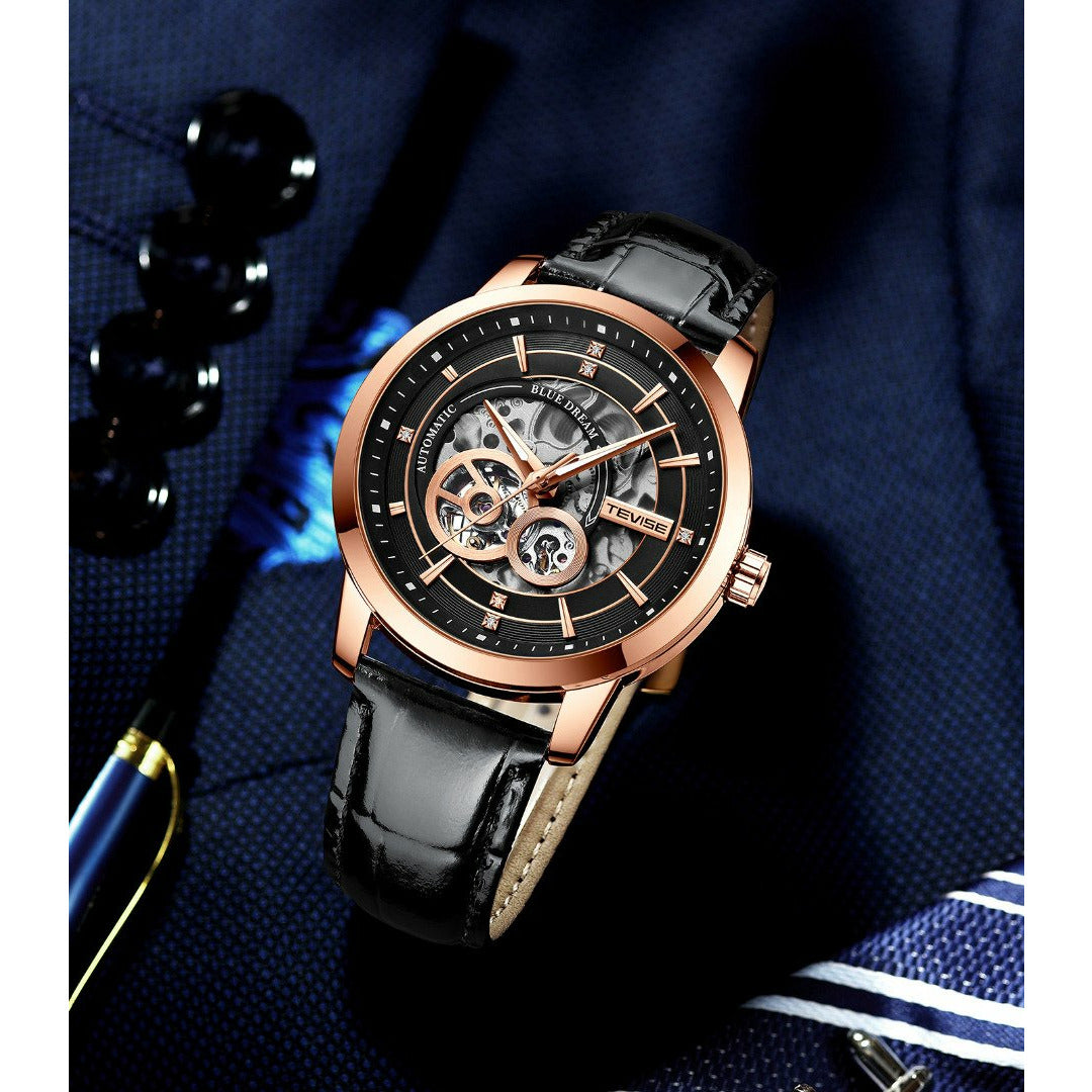 TEVISE Blue Dream Automatic Leather Black/Rose Gold Watch